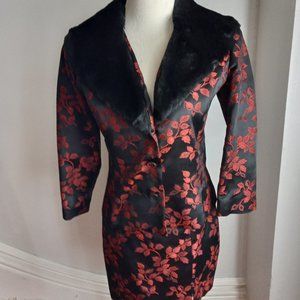 BEBE JACQUARD BLACK RED FAUX FUR COLLAR MINI SKIRT SUIT M SKIRT 6 JACKET 8